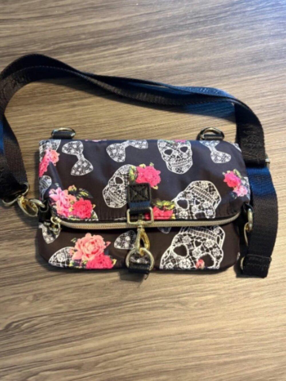 Betsey Johnson Skull Floral Crossbody Bag with Adjustable Strap